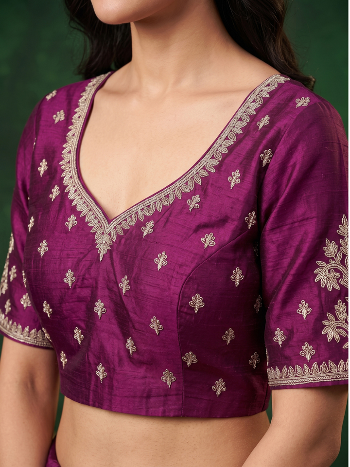 Silk Saree with Zari Floral Jaal Embroidery & Scalloped Cutwork Border