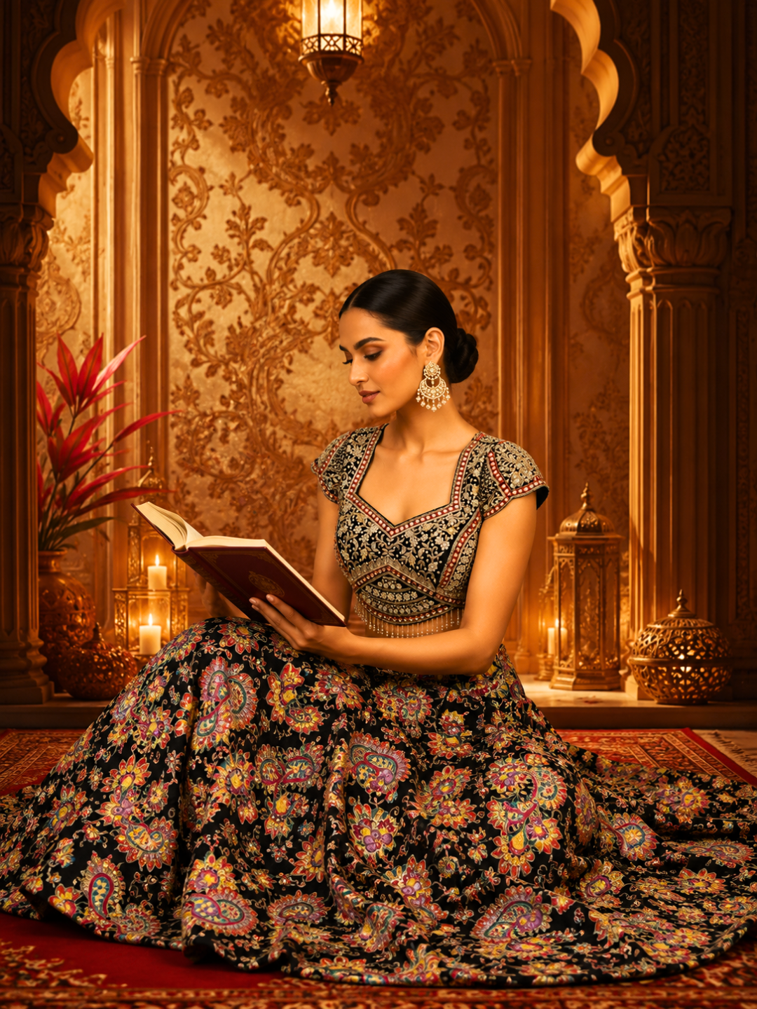 Black Silk Lehenga Choli with Multicolour Resham Paisley & Floral Print, Zari & Pearl Embroidered Blouse with Black Dupatta