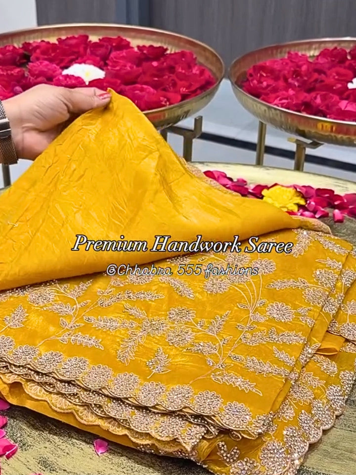 Mustard Yellow Floral Zari Embroidery & Stones Embellishment Saree with Scalloped Border