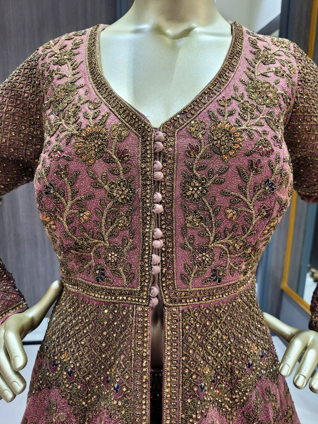 Rosewood Pink Embroidered Anarkali Gown with Heavy Zari Work & Dupatta