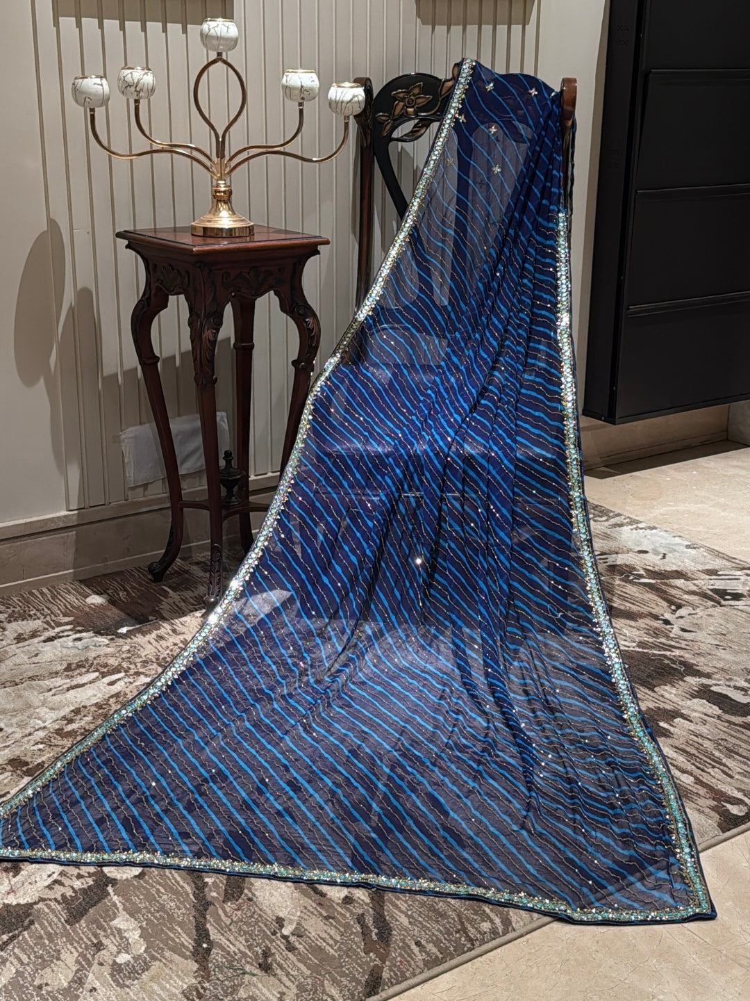 Navy Blue Saree with Turquoise Stripes, Silver Sequins & All-Over Mirror Work Border