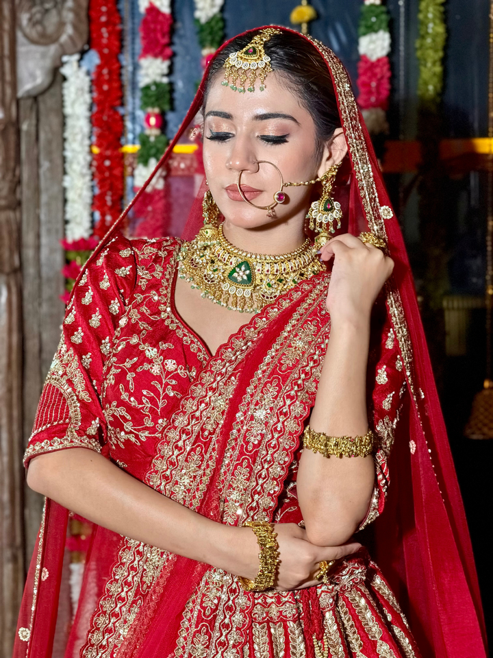 Silk Heavy Zari & Sequin Embroidered Vertical Stripe & Chandelier Motif Lehenga Choli with Net Dupatta
