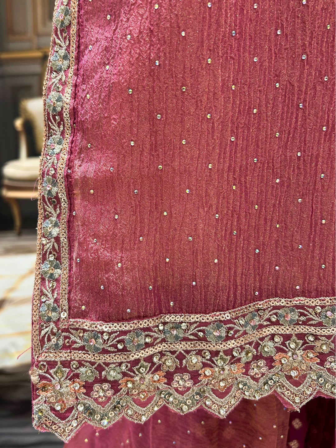 Mauve Pink Gharara Set with Zari, Sequin & Resham Embroidery and Pearl Detailing
