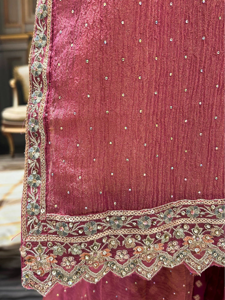 Mauve Pink Gharara Set with Zari, Sequin & Resham Embroidery and Pearl Detailing