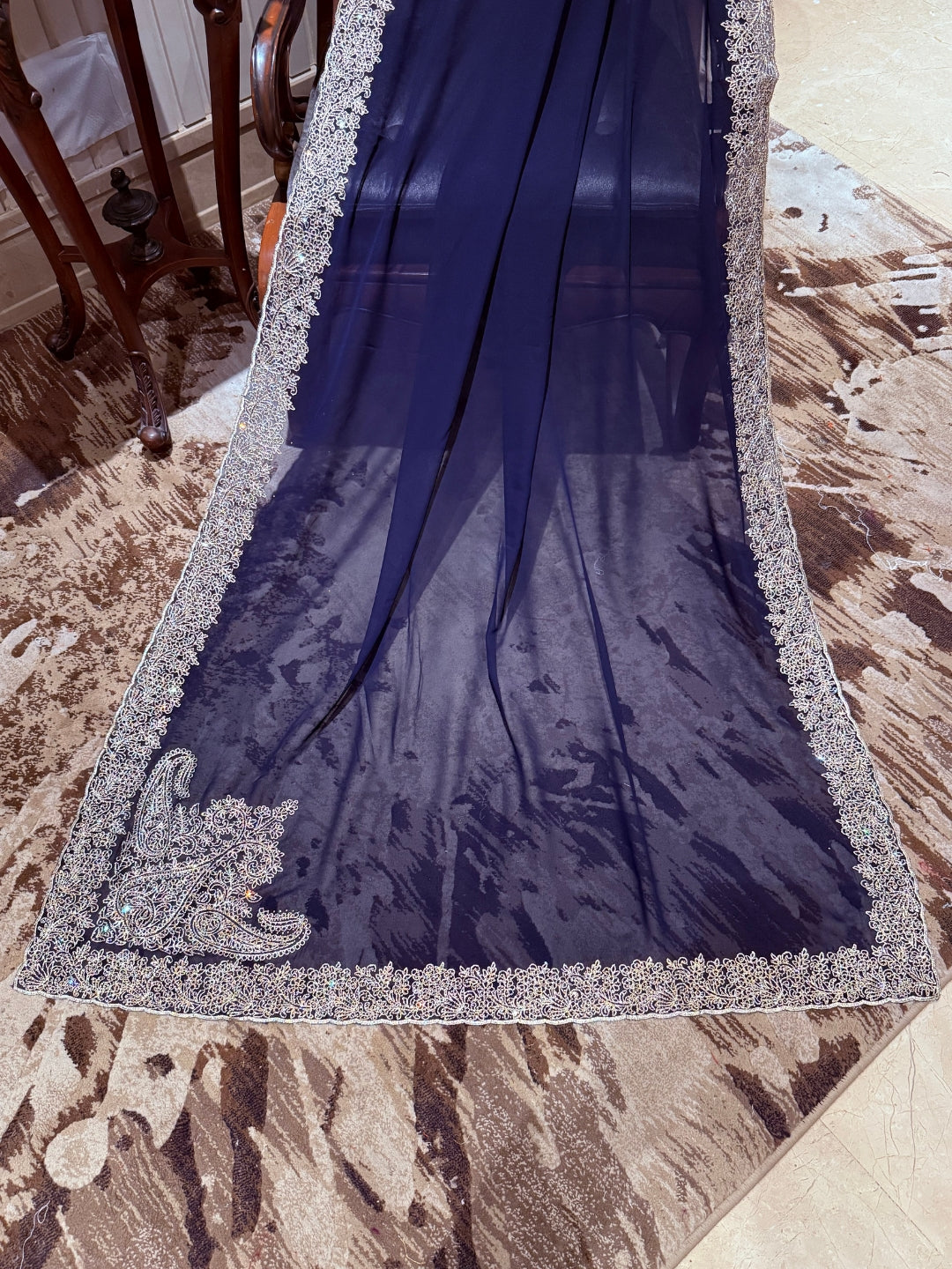 Navy Blue Georgette Saree with Silver Pastel Sequin Floral Embroidered Broad Border