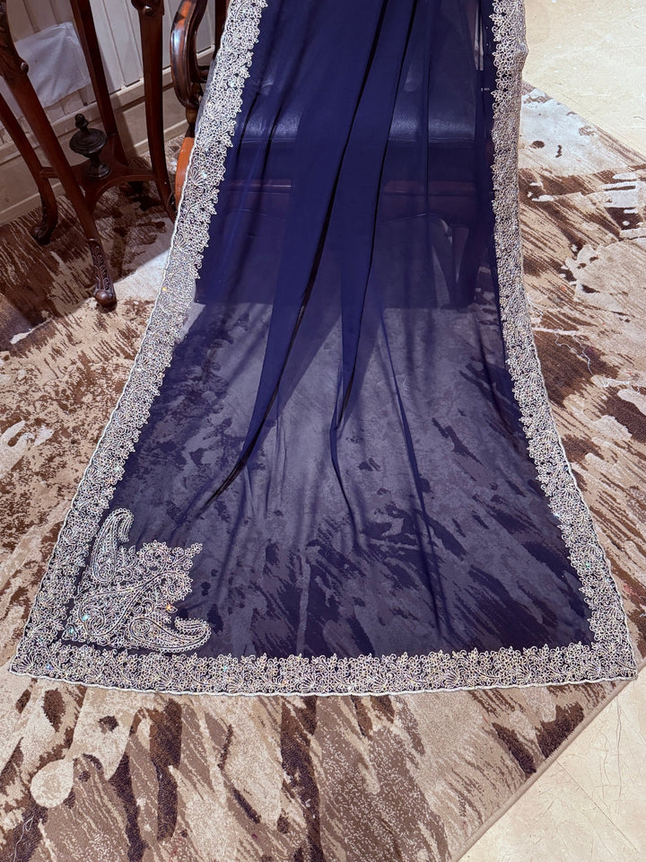 Navy Blue Georgette Saree with Silver Pastel Sequin Floral Embroidered Broad Border