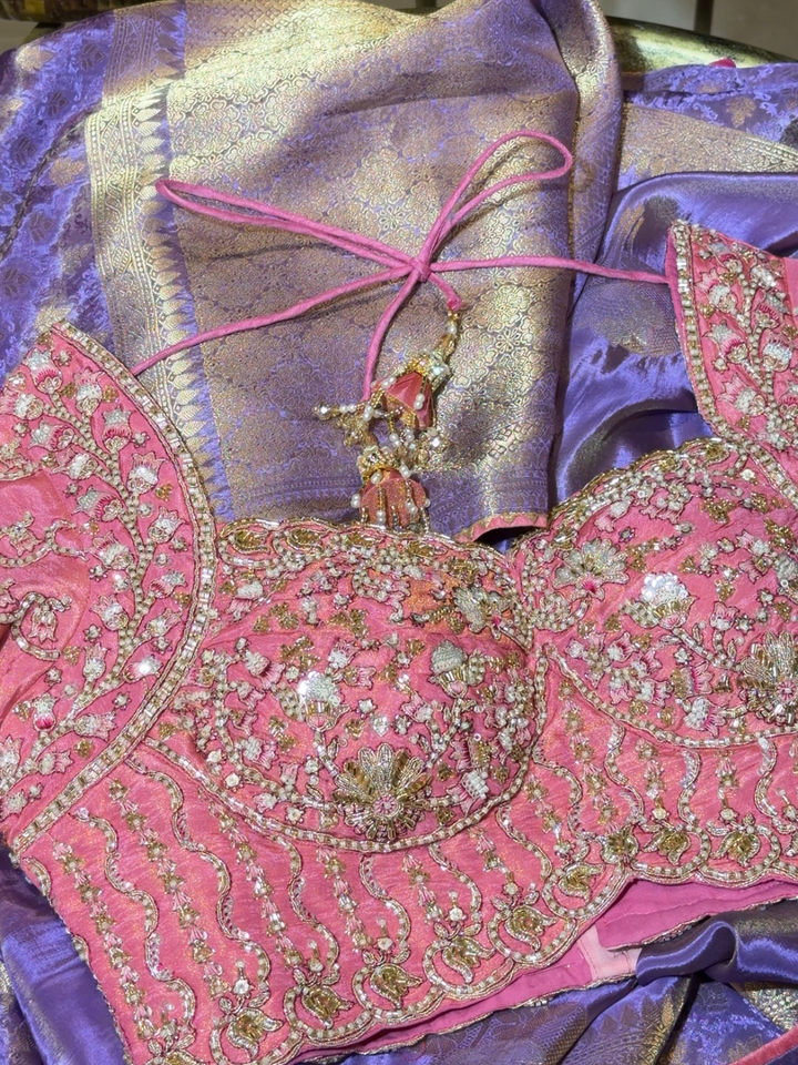 Banarasi Silk Heavy Zari Woven Floral Jaal Saree with Heavy Zari &amp; Sequin Embroidered Blouse