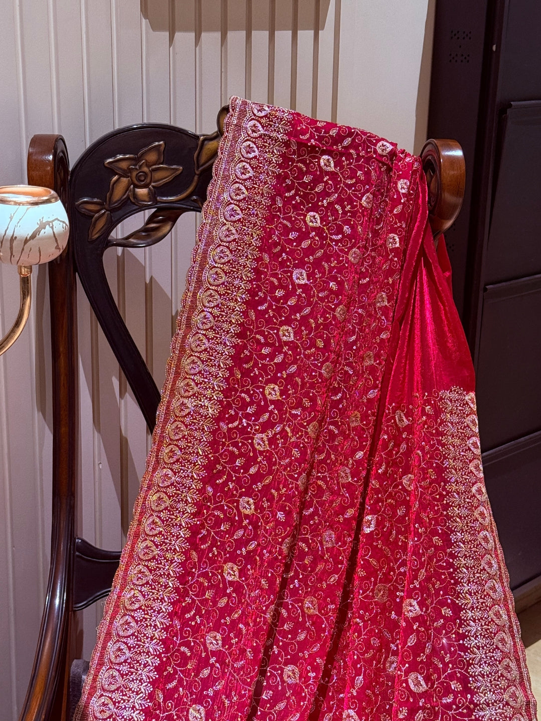 Pinkish Red Saree with Heavy Golden Zari Embroidery & Ornate Floral Motif Border Work