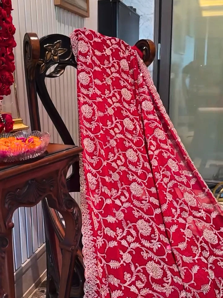 Royal Red Saree with Intricate Silver Zari Embroidery & Scallop Border