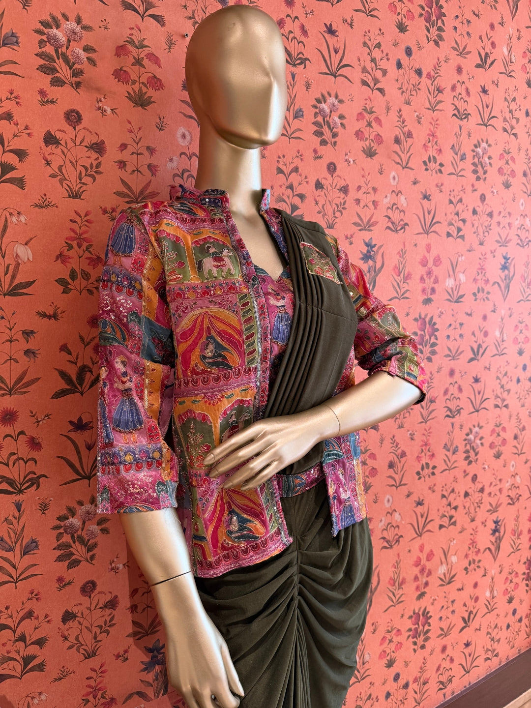 Olive Drape Saree with Multicolour Rajasthani Print Jacket, Pintucks and Gathered Pleats