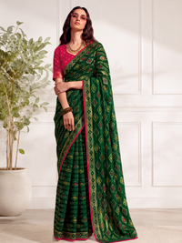 Green Bandhani Printed Saree with Contrast Pink Border