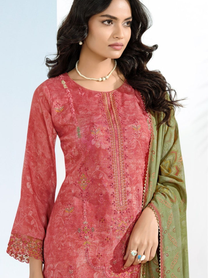 Cotton Printed & Embroidered Unstitched Suit Dupatta in Rose Pink & Sage Green