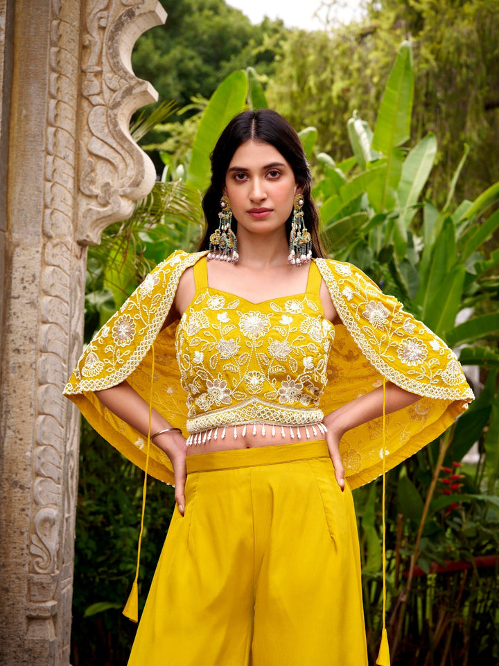 Mustard Yellow Embroidered Cape Top with Flared Palazzo Set Featuring Sequin & Thread Work