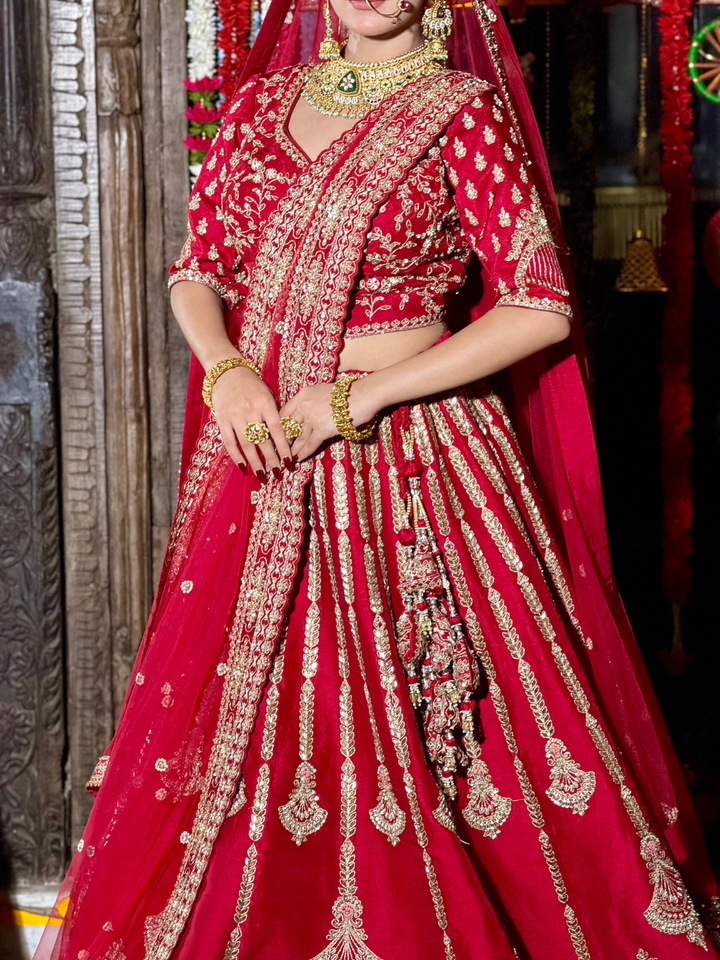 Silk Heavy Zari & Sequin Embroidered Vertical Stripe & Chandelier Motif Lehenga Choli with Net Dupatta