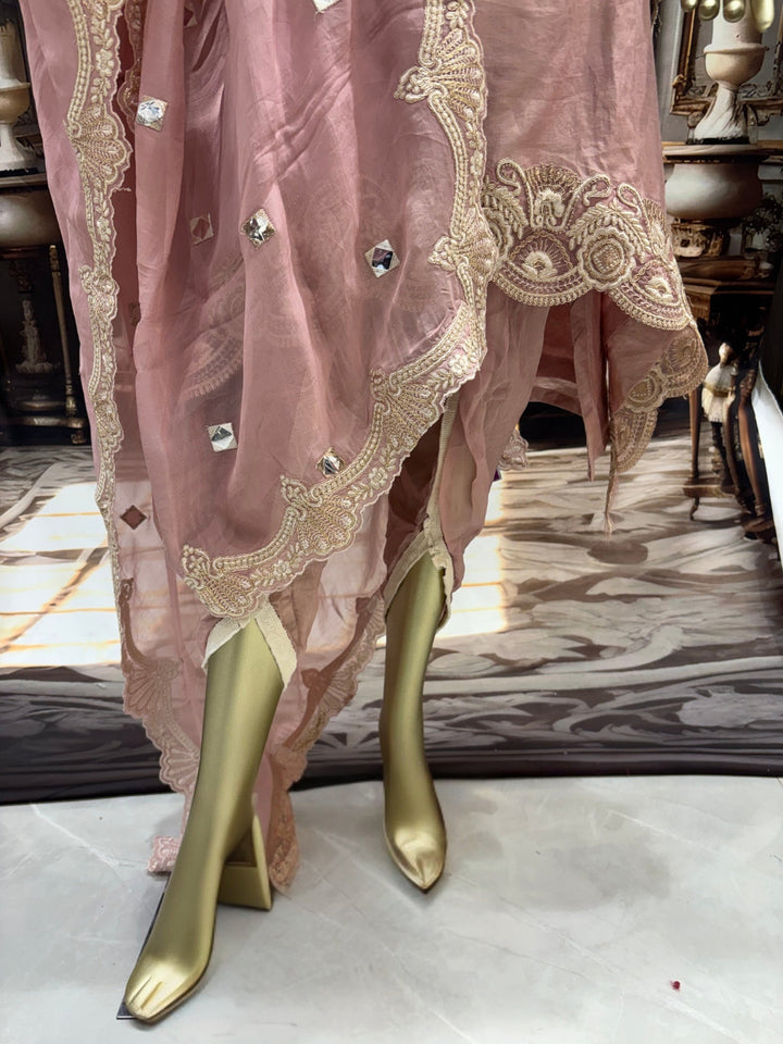 Mirror-work embroidered kurta set with scalloped dupatta and straight pants.