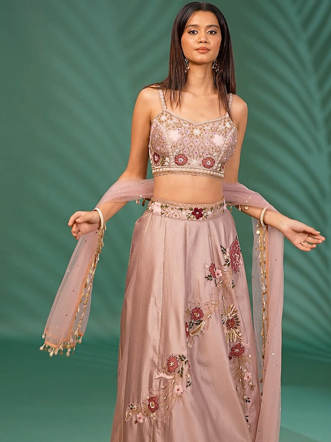 Lehenga Set with Floral Thread & Sequin Embroidery and Net Dupatta