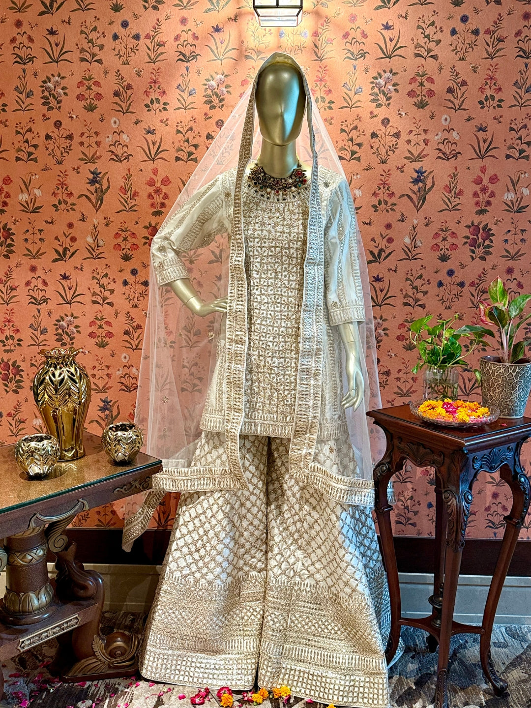 Floral Heavy Zari Embroidered Sharara Suit Set with Dupatta