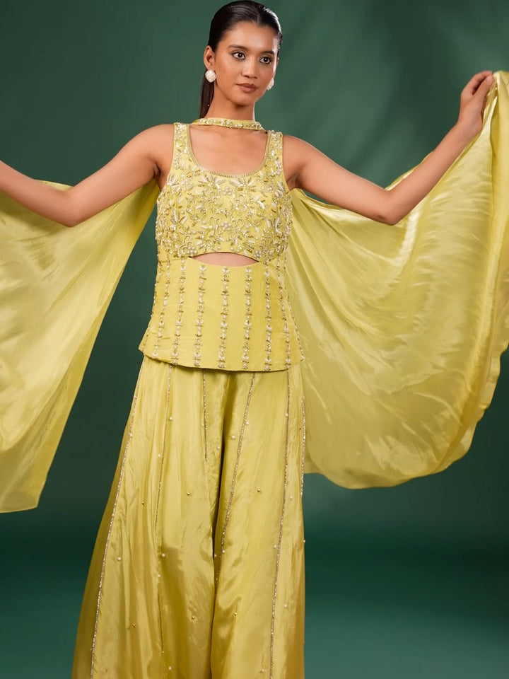 Beads & Stone Work and Embroidered Crop Top Set with Flared Embellished Palazzo and Dupatta