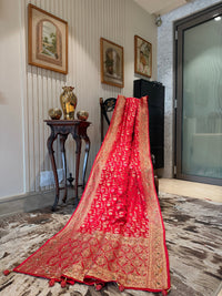 Rani Red Heavy Zari Floral Saree with Embellished Paisley Border & Grand Pallu