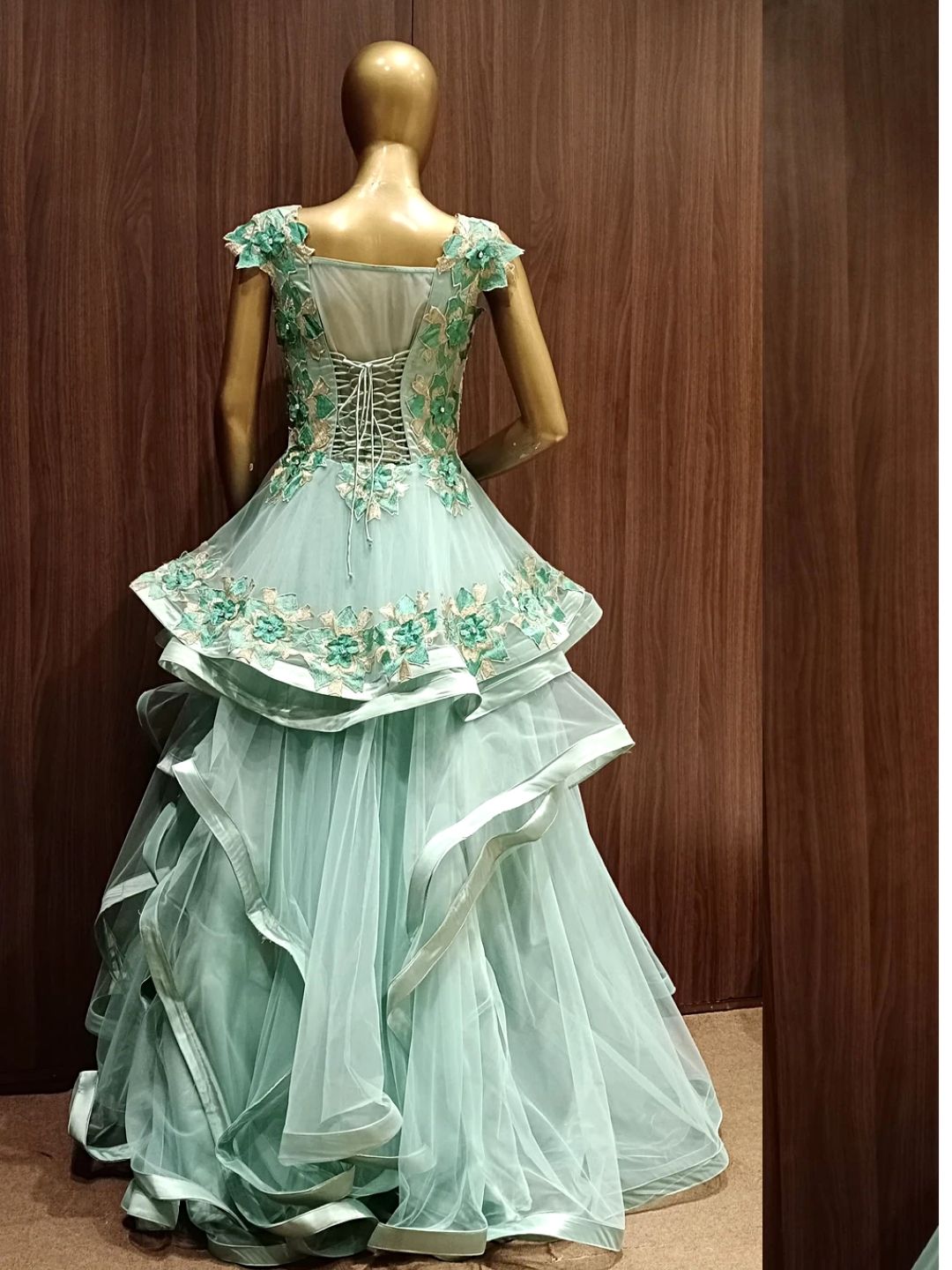 Green Net Flared Barbie Style Gown with Floral Resham Embroidery
