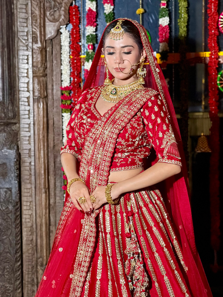 Silk Heavy Zari & Sequin Embroidered Vertical Stripe & Chandelier Motif Lehenga Choli with Net Dupatta