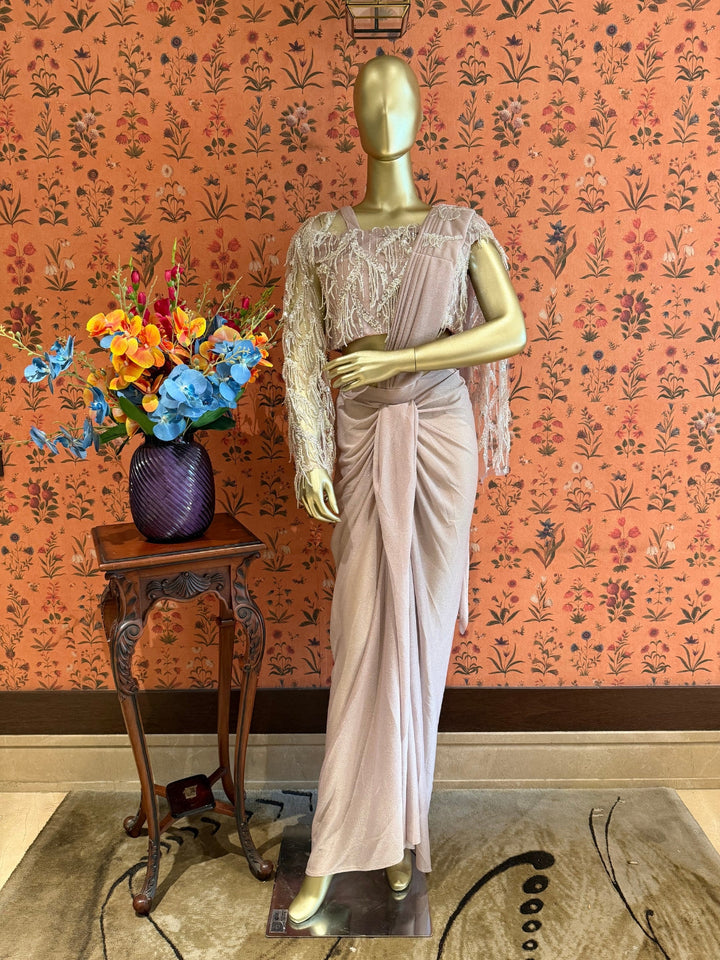 Dusty Mauve Shimmer Draped Saree with Beaded Fringe Embroidered Cape Blouse