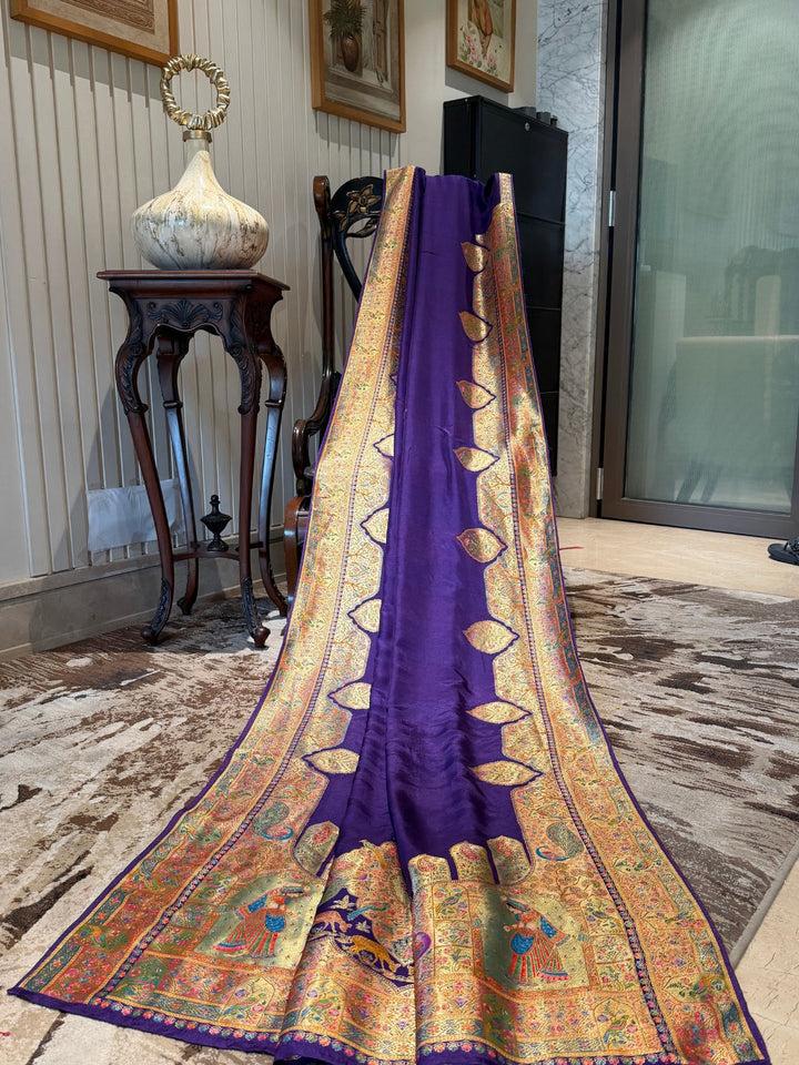 Purple Saree with Heavy Ethnic Gold Border, Leaf Motifs & Royal Procession Digital Work