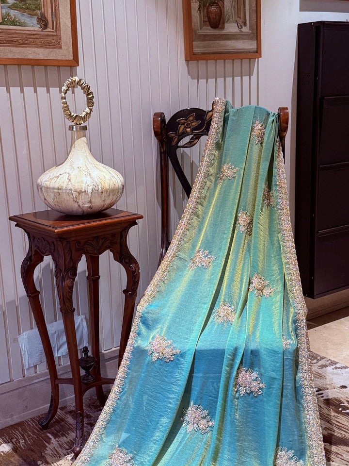 Embellished Art Silk Saree with Sequin Floral Motifs & Crystal Bead Border