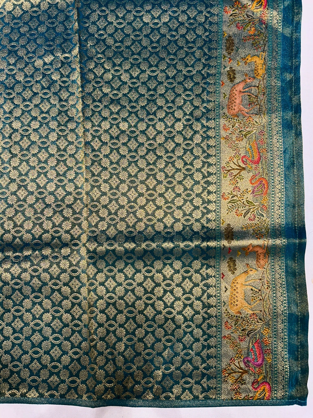 Heritage Banarasi Saree with Deer & Paisley Weave and Teal Edge