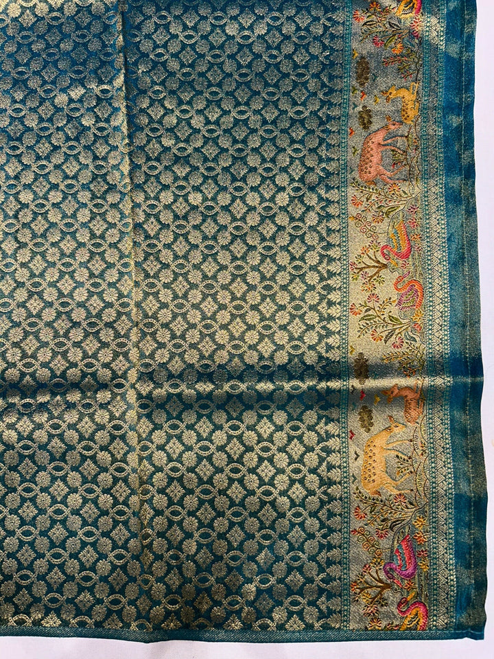 Heritage Banarasi Saree with Deer & Paisley Weave and Teal Edge