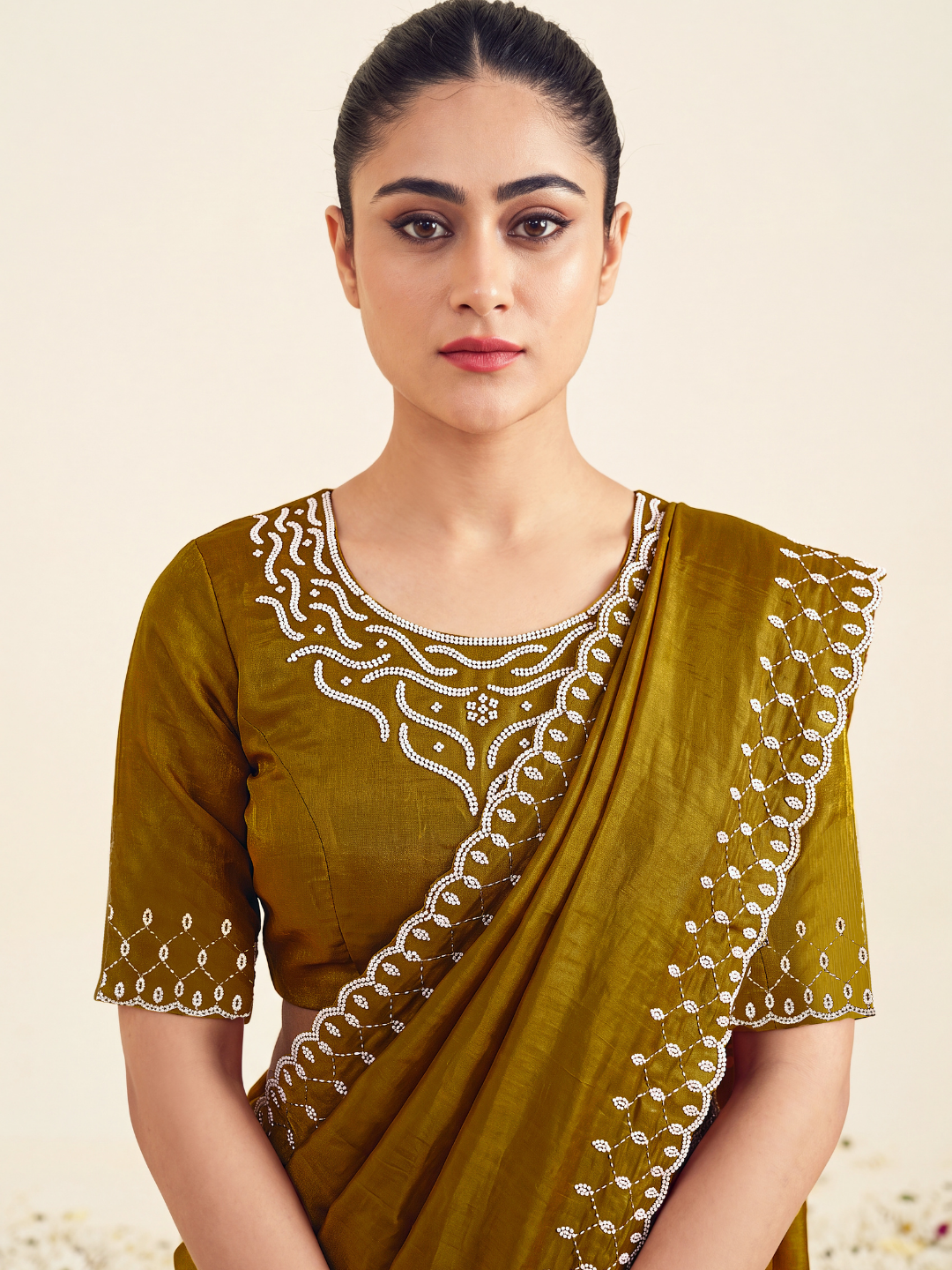 Sequin Embroidered Scalloped Border Saree with Embroidered Blouse