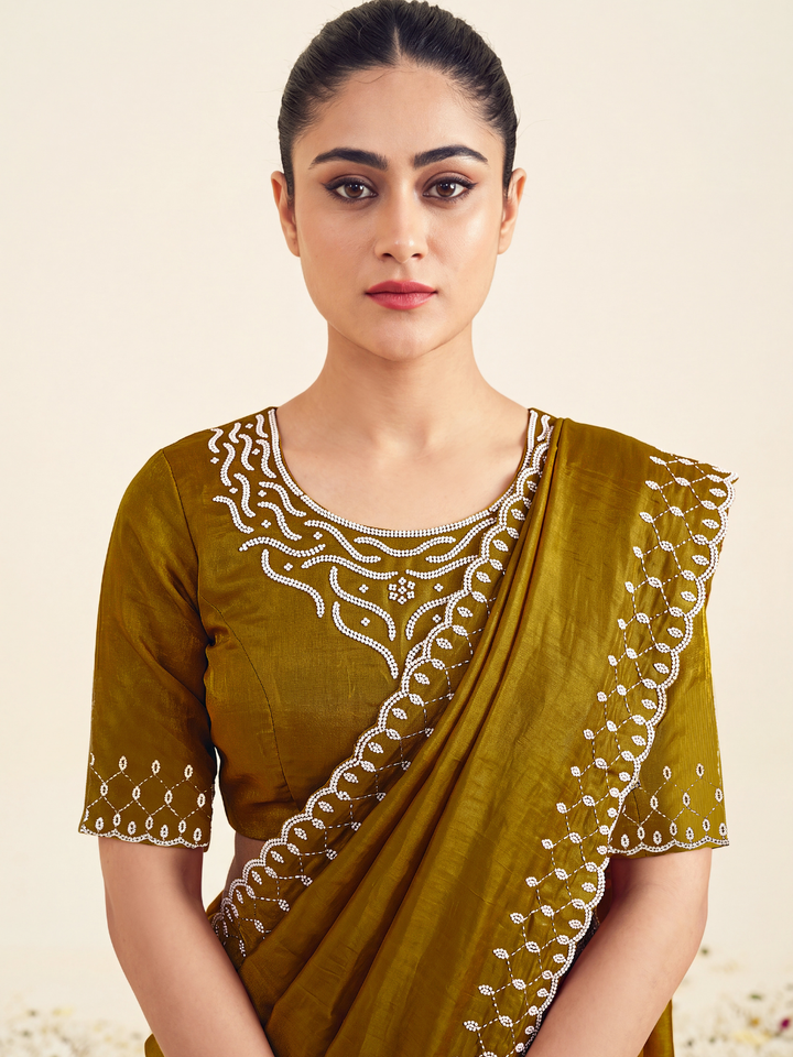 Sequin Embroidered Scalloped Border Saree with Embroidered Blouse