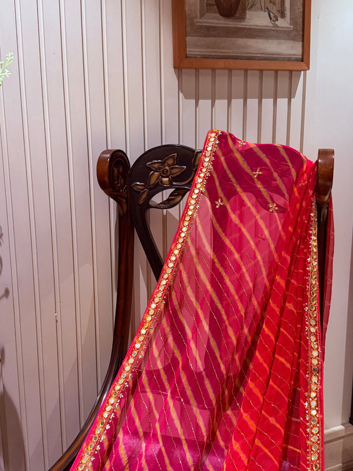 Bandhej Saree with Mirror Embroidery and Sequin Work Broad Decorative Border