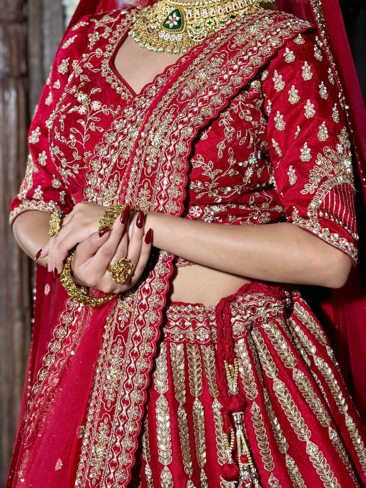 Silk Heavy Zari & Sequin Embroidered Vertical Stripe & Chandelier Motif Lehenga Choli with Net Dupatta