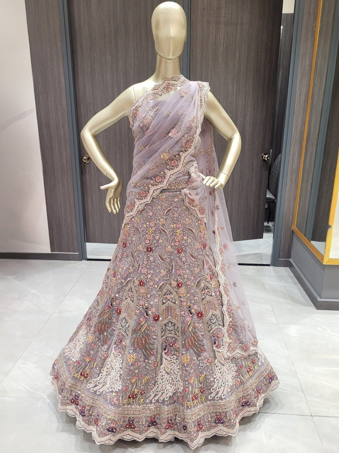 Lavender Embroidered Lehenga with Peacock Motifs & Beaded Floral Work