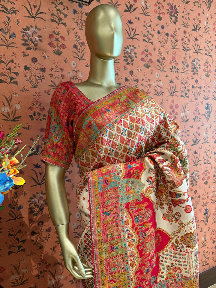Cream Red Saree with Ethnic Temple Scene & All Over Paisley Digital Print