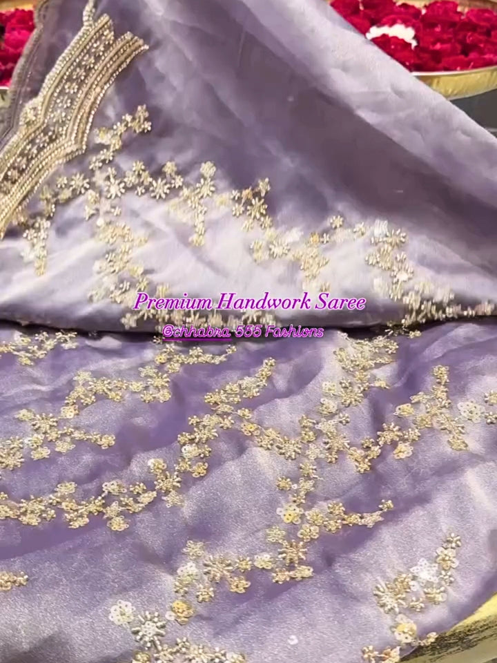 Lavender Premium Handwork Saree with Intricate Floral Sequin Embroidery & Heavy Embellished Border
