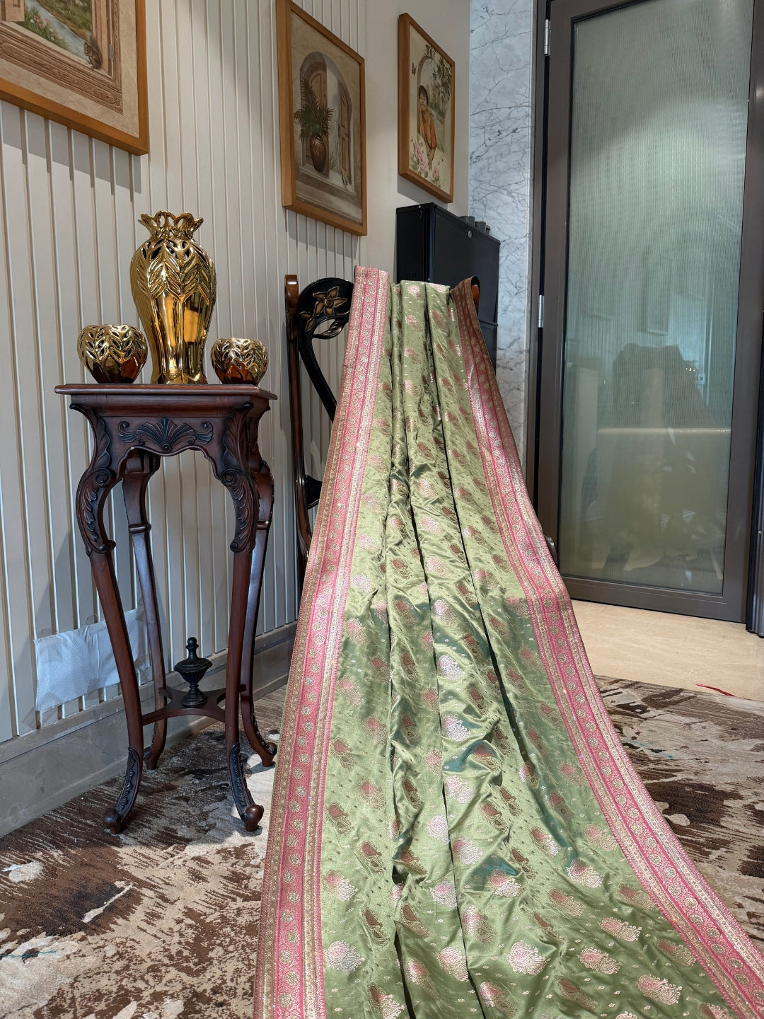 Pastel Green Pink Zari Butta Woven Banarasi Art Silk Saree with Contrast Pallu Border.