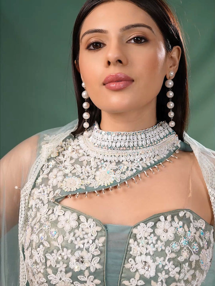 Floral Embroidered Lehenga Choli with Scallop Dupatta and Statement Neck Design