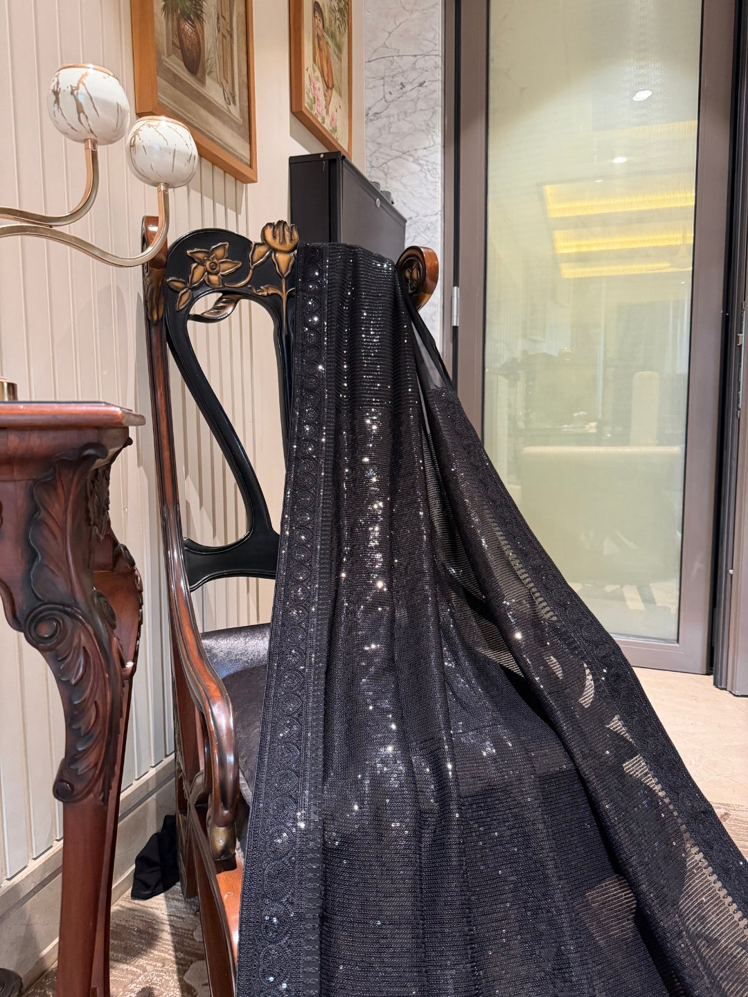 Black All-Over Sequin Saree with Tonal Embroidered Border and Fringe Pallu