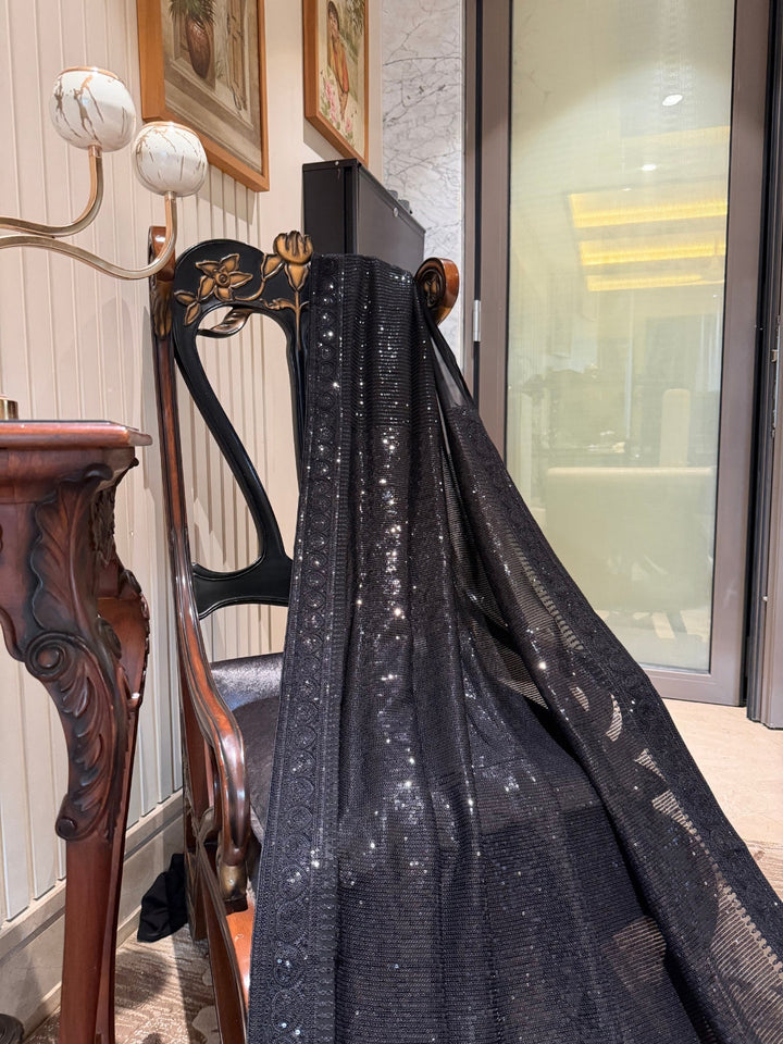 Black All-Over Sequin Saree with Tonal Embroidered Border and Fringe Pallu