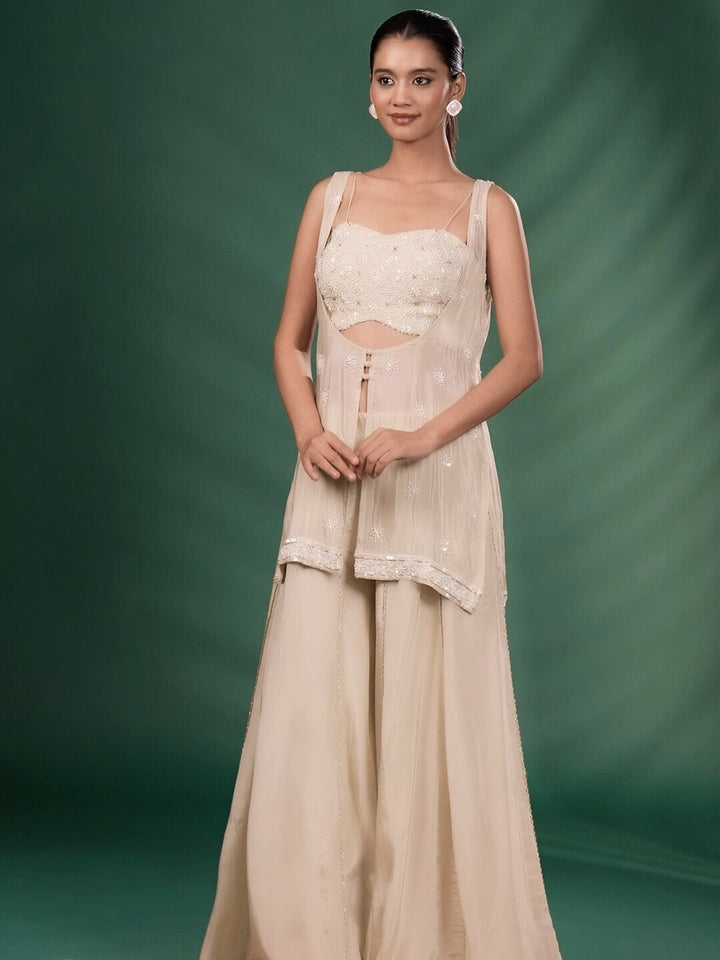 Embroidered Bustier with Sheer Jacket Kurta Set with Flared Palazzo