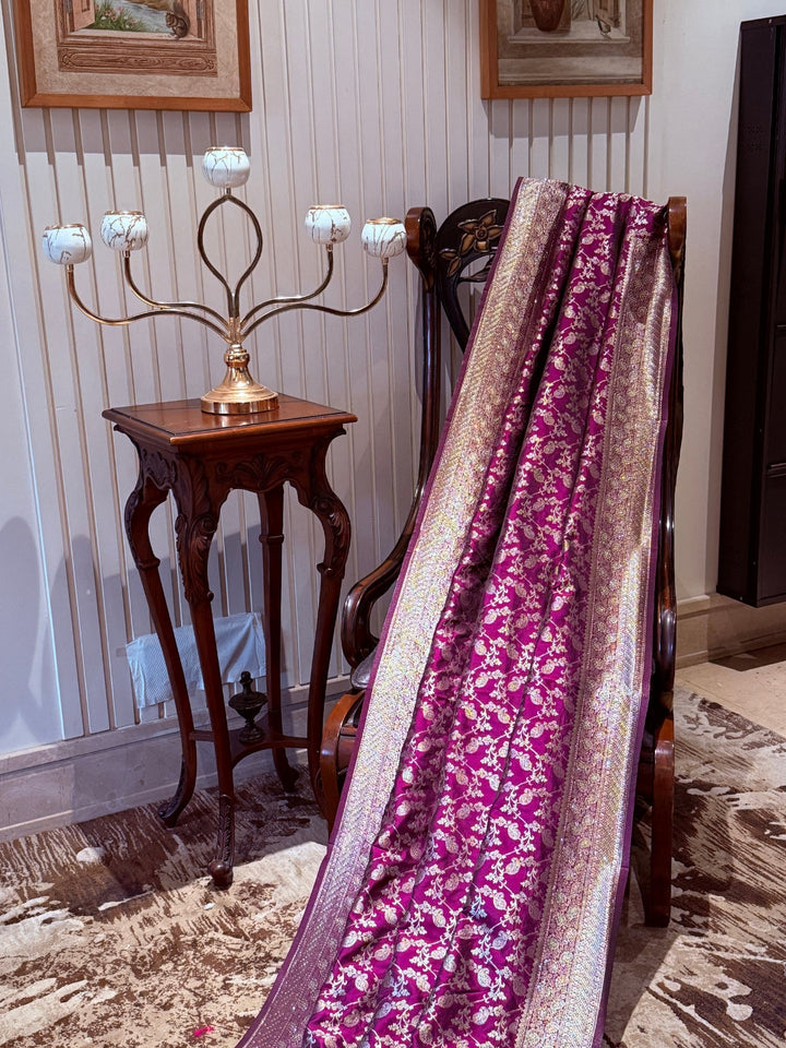 Banarasi Art Silk Saree with Antique Gold Floral Jali & Wide Brocade Border