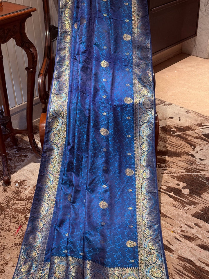 Zari Woven Banarasi Saree with Floral & Paisley Motifs, Golden Brocade Border
