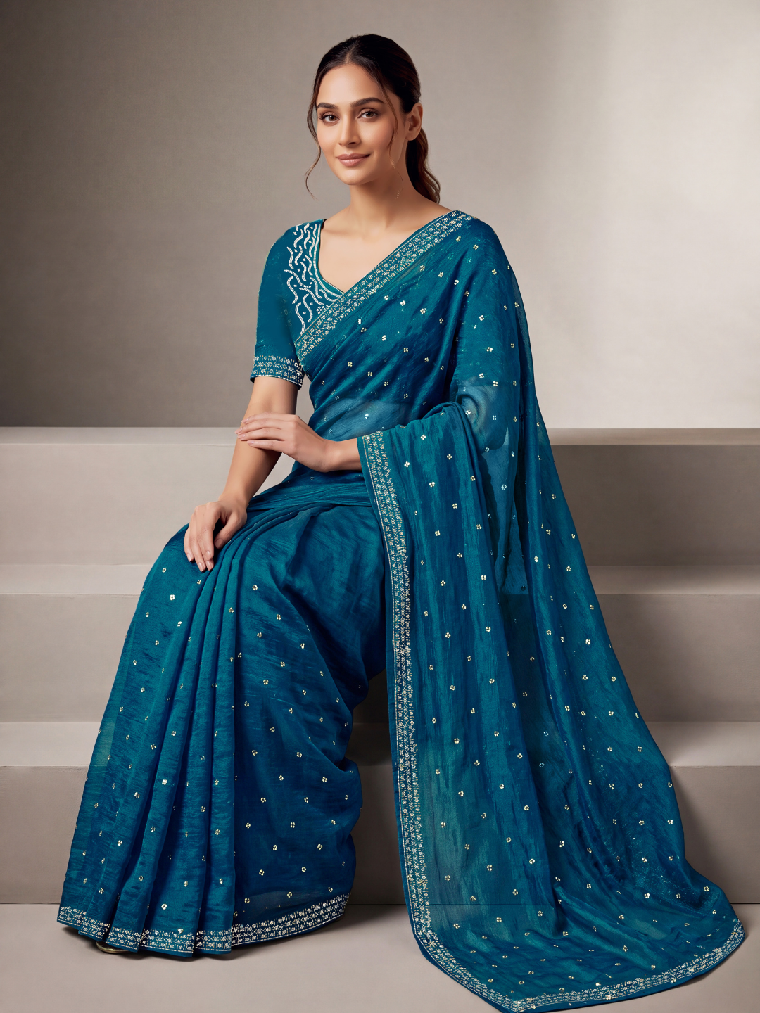 Sequin Embellished Saree with Floral Border and Embroidered Blouse Peice