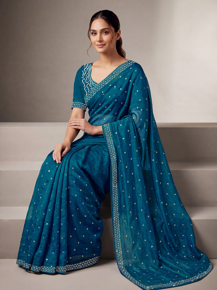 Sequin Embellished Saree with Floral Border and Embroidered Blouse Peice