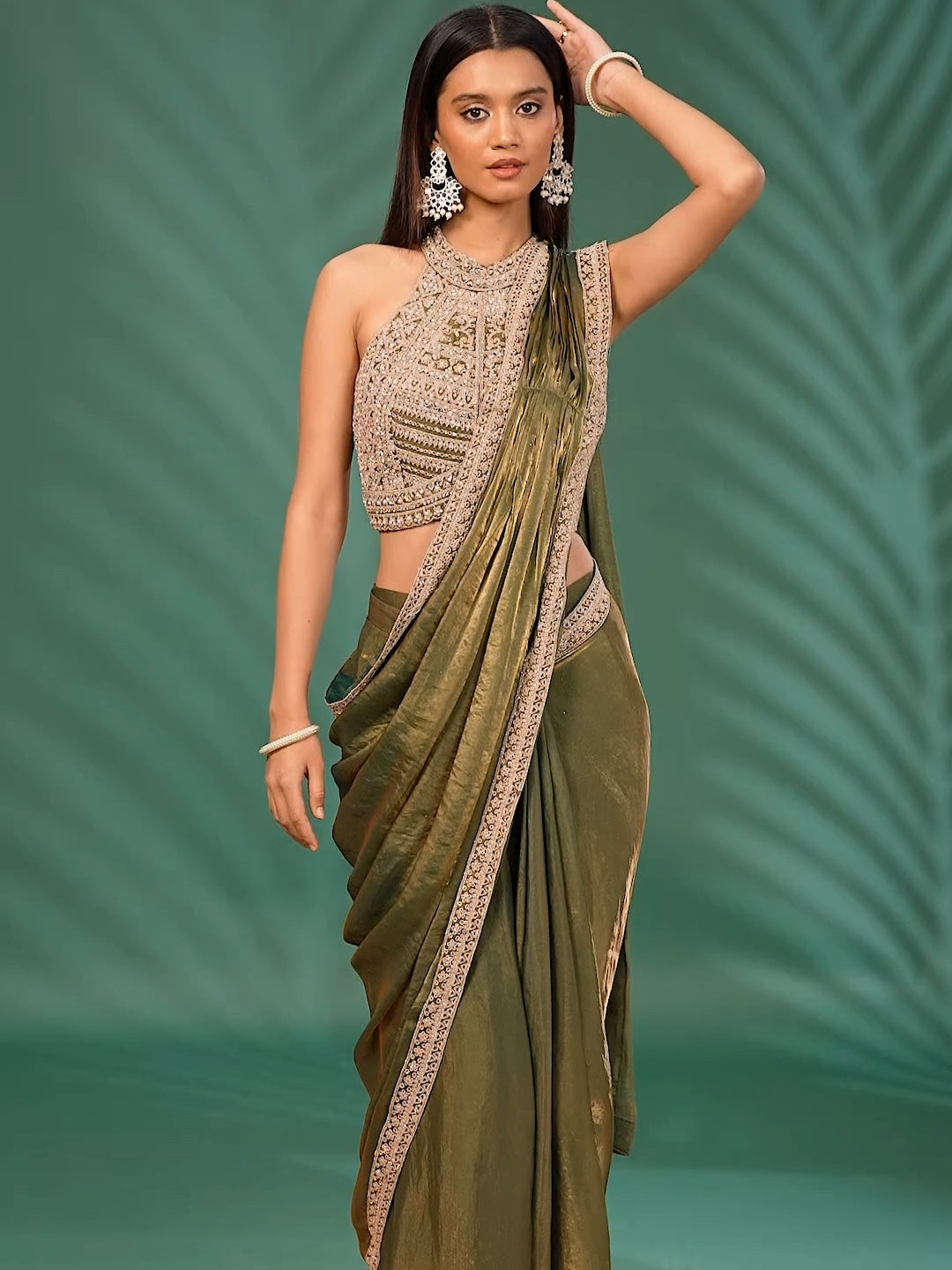 Metallic Silk Saree with Mirror & Thread Embroidered Blouse