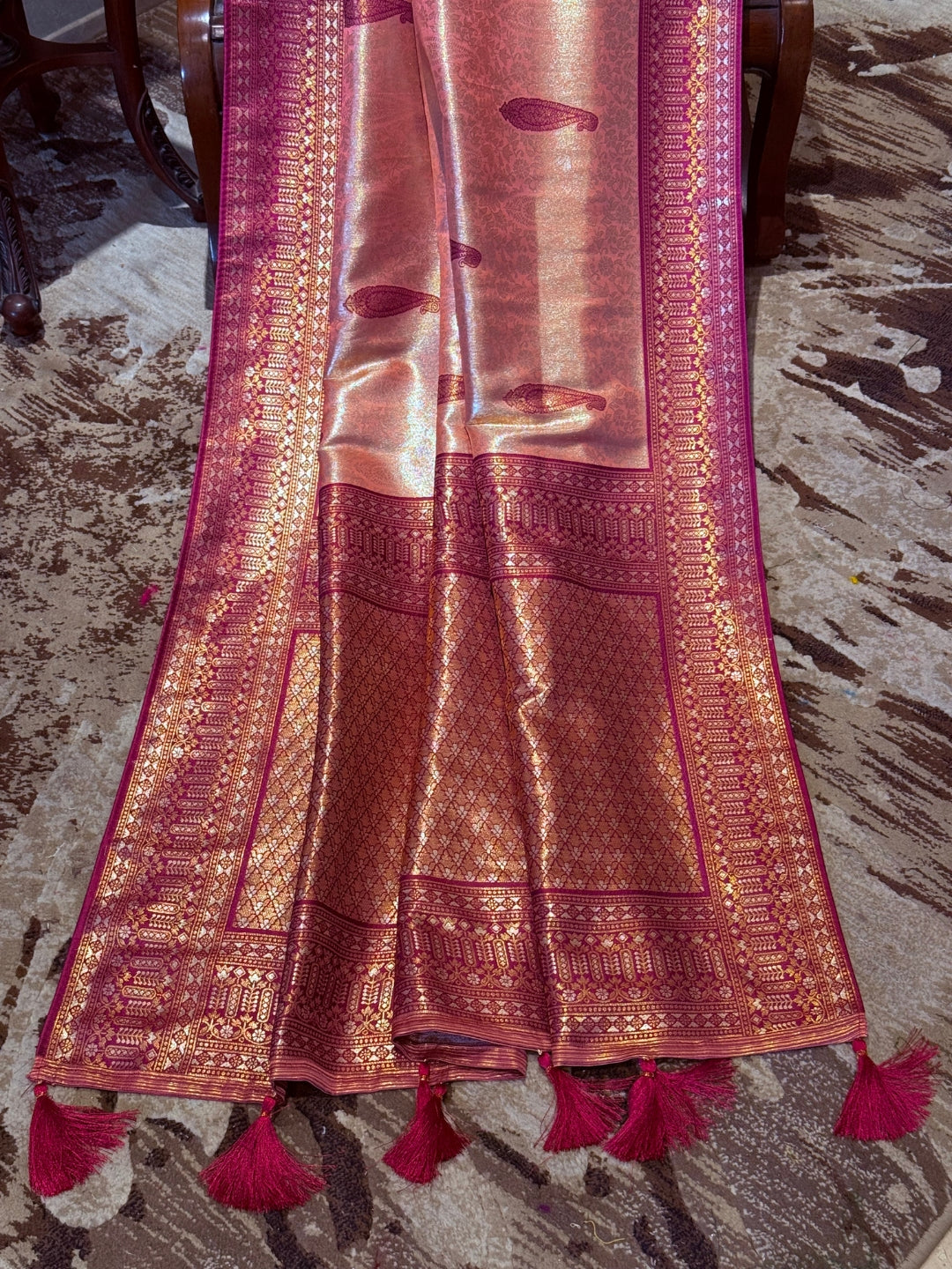 Rose Gold Banarasi Art Silk Saree with Magenta Zari Border & Paisley Butta, Tassel Pallu