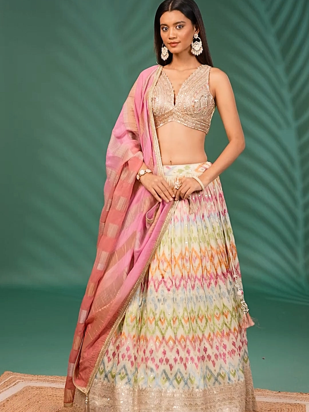 Ikat Printed Lehenga with Sequin Embroidered Blouse & Pink Striped Dupatta