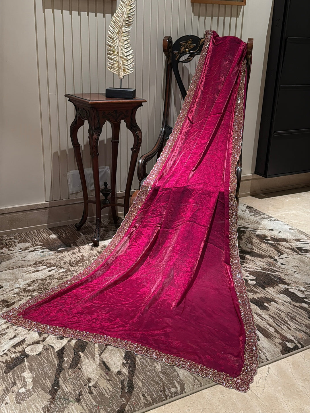 Magenta Shimmer Tissue Saree with Heavy Gold Sequin Circular Embroidered Scallop Border